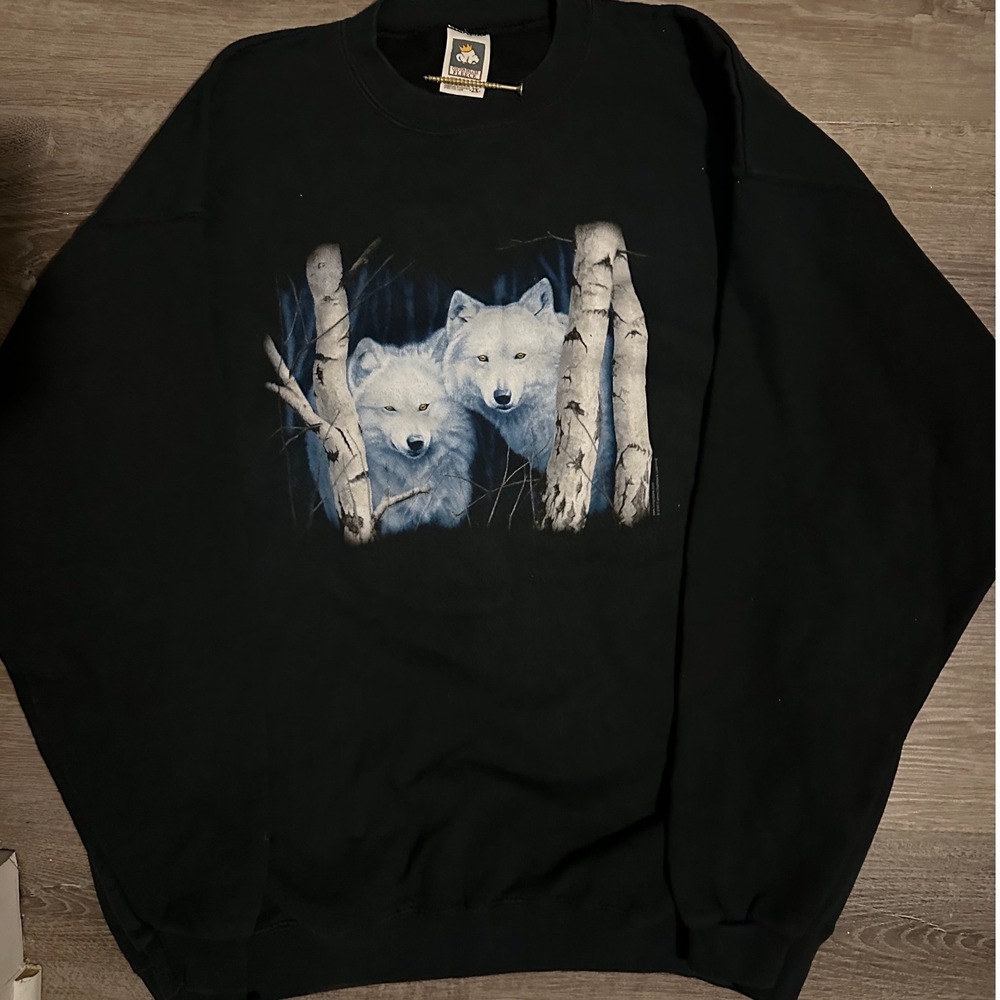 Vintage Black Wolf Scene Sweatshirt 2X Arctic Wolves Nature Graphic